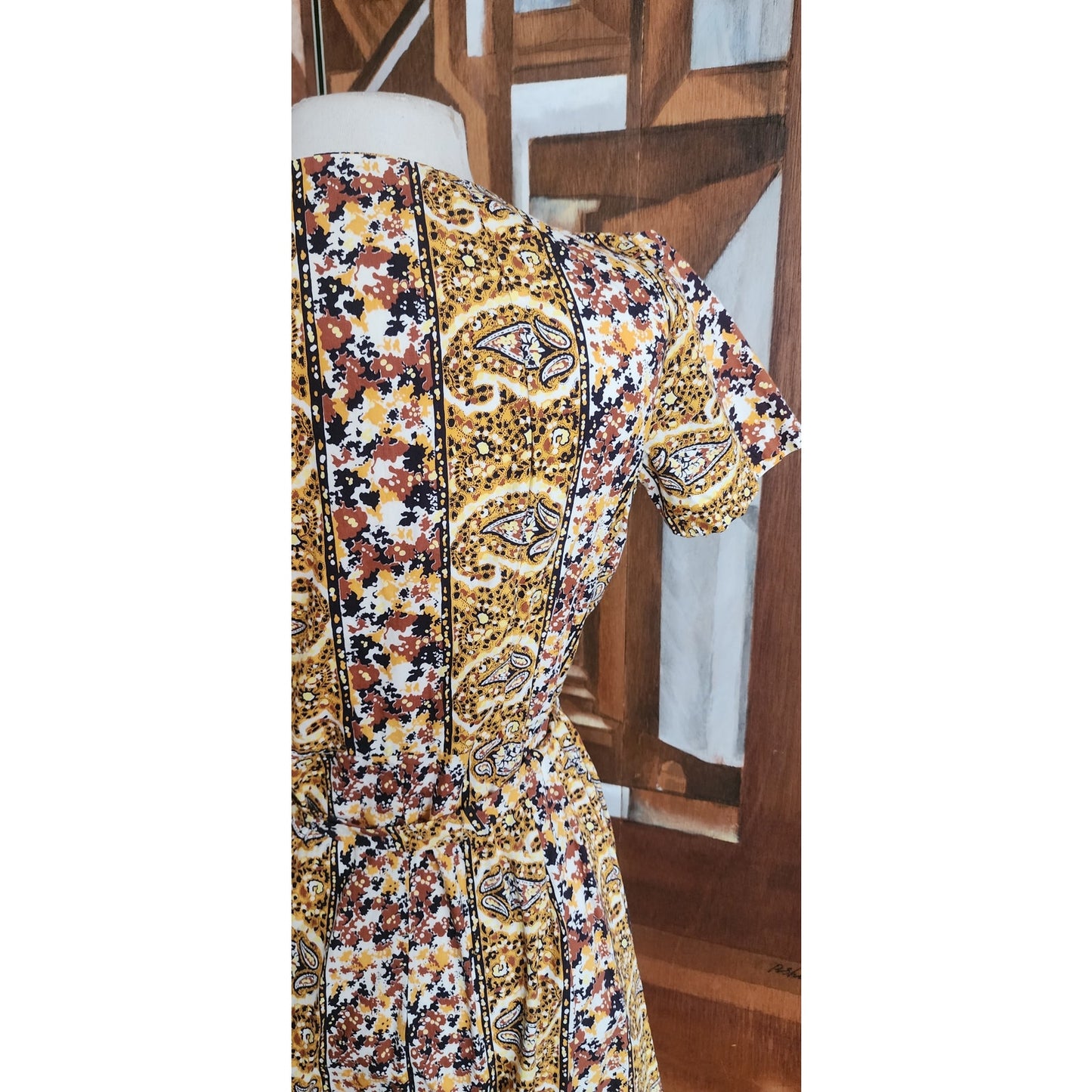 Vintage 50s Cotton Print Day Dress Yellow Black Paisley Print Shirtdress / M