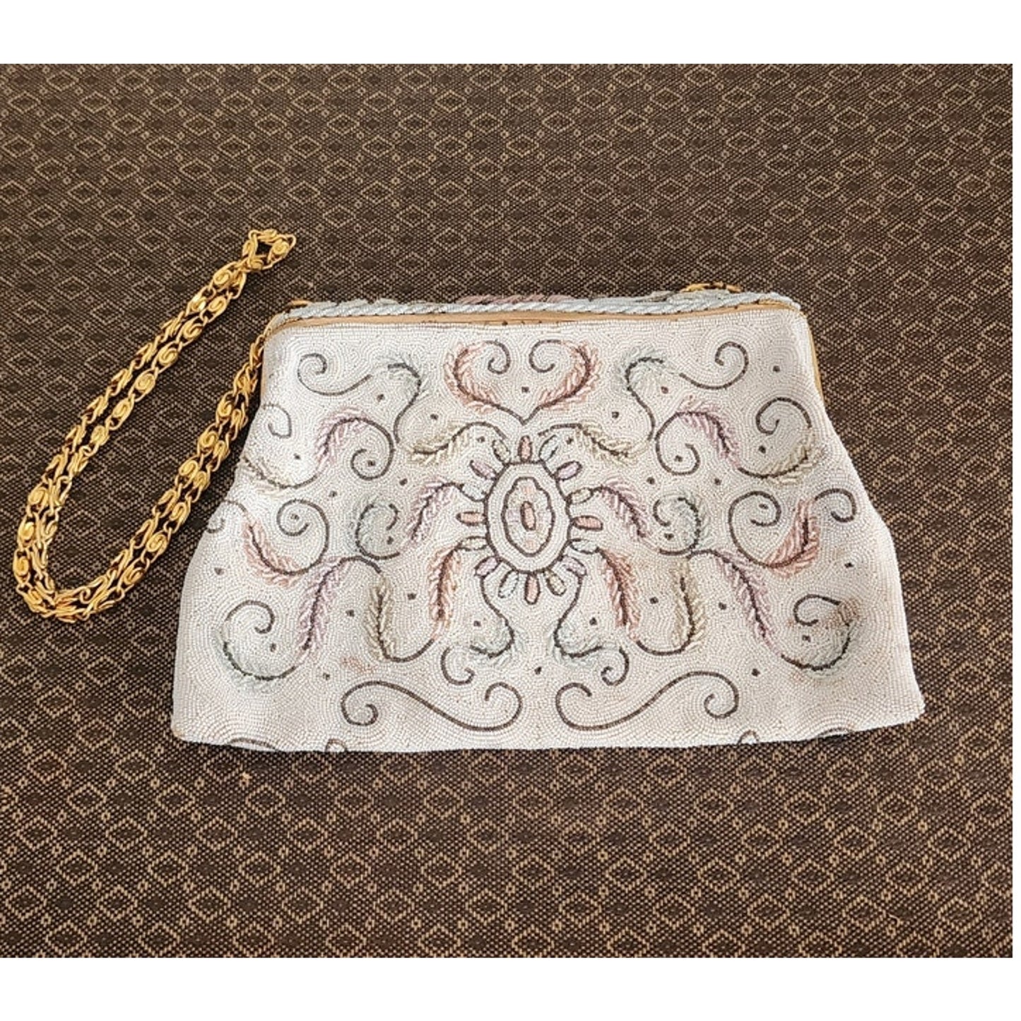 Vintage 50s Evening Bag in White Microbeads France Elaborate Scrollwork Octopus
