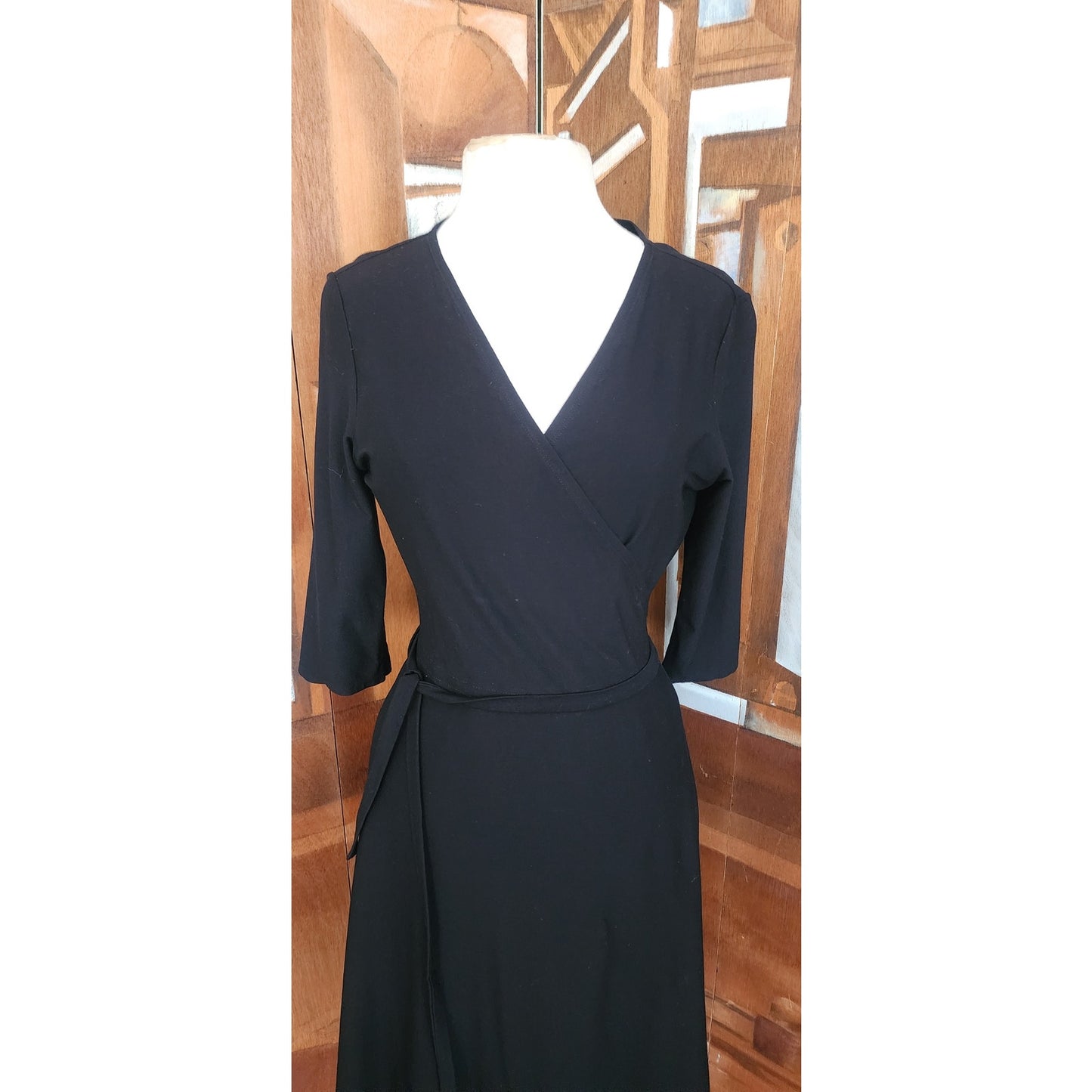 Vintage Eileen Fisher Y2K Black Rayon Stretch Knit Wrap Dress Midi