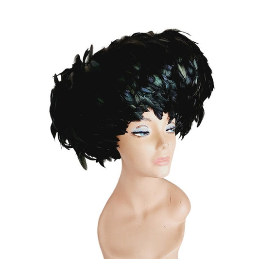 Vintage 60s Black Feather Hat Oversized Phyllis Diller Style