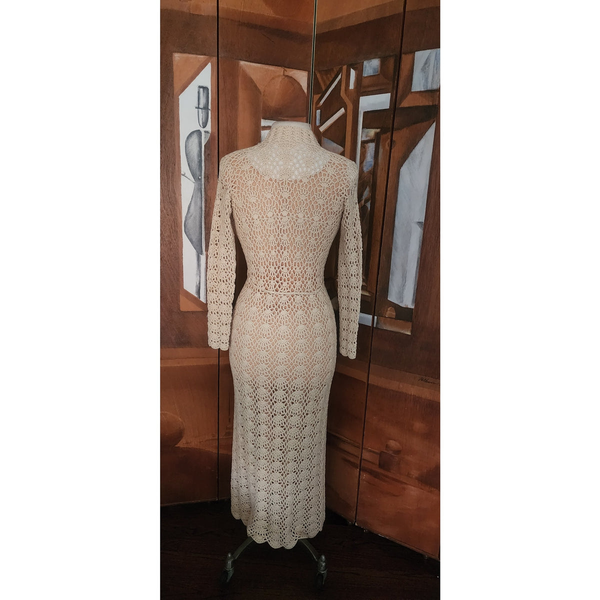 Vintage 1970s Cream Knit Maxi Dress Openwork Crochet Liner Long Sleeved Belted