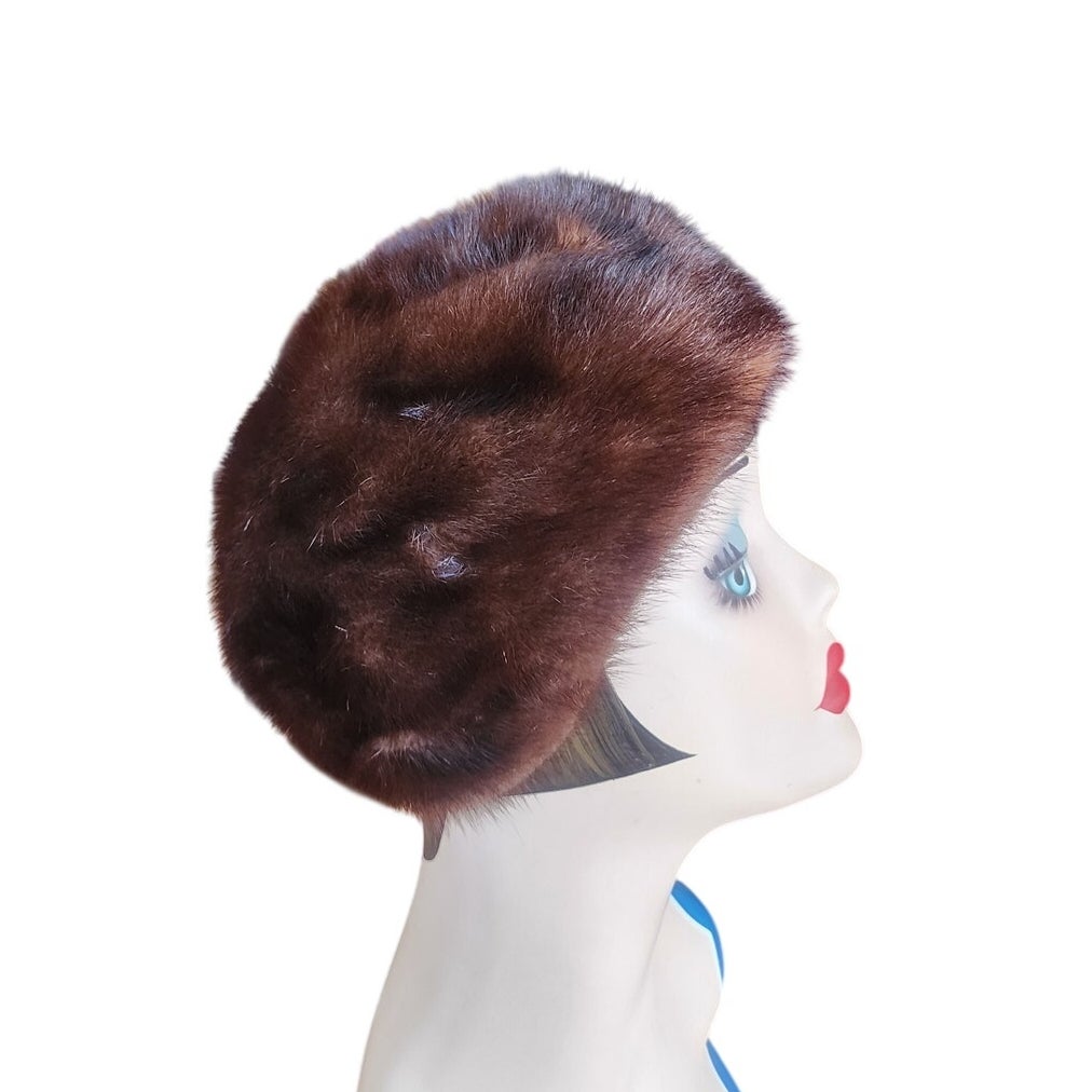 Vintage 1950s Mink Fur Hat Brown Tam Saks Fifth Avenue Rounded Crown Millinery Salon