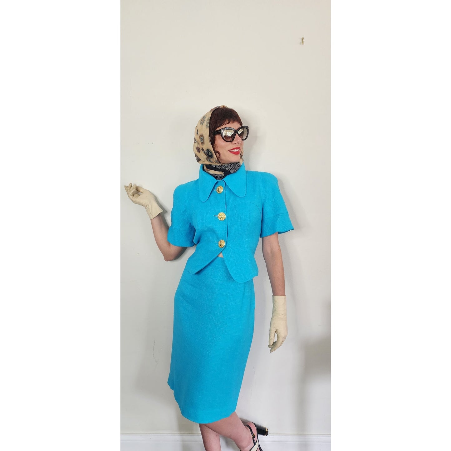 Vintage 90s Christian Lacroix Skirt Suit Turquoise Blue + Gold Buttons / M
