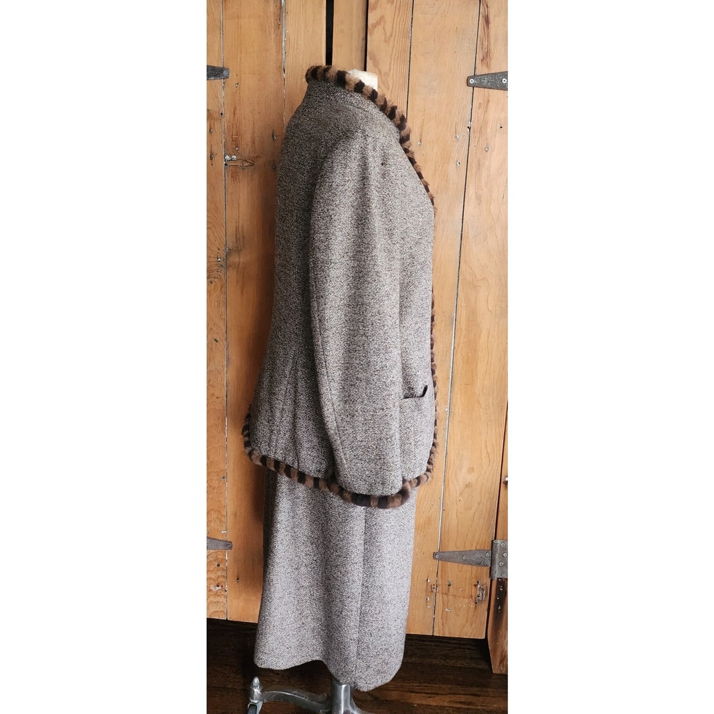 Vintage ESCADA Dress + Jacket Suit Set Alpaca Blend Wool Tweed Striped Mink Fur Trim / L