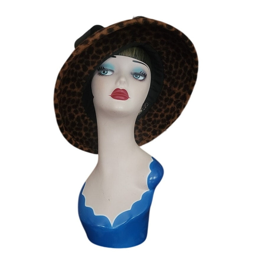 Vintage Y2K Carluci Millinery Animal Print Hat Wide Brimmed w/Bow & Feathers