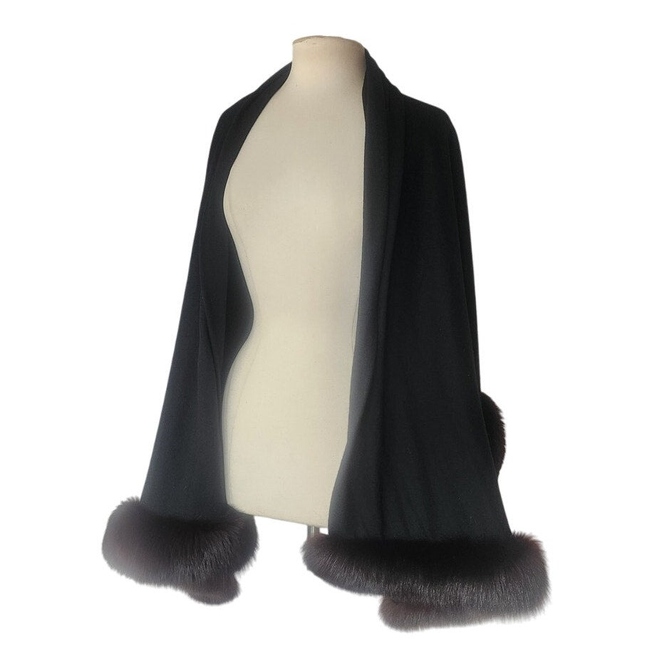 Vintage Sable Fur Lined Wrap in Black Wool