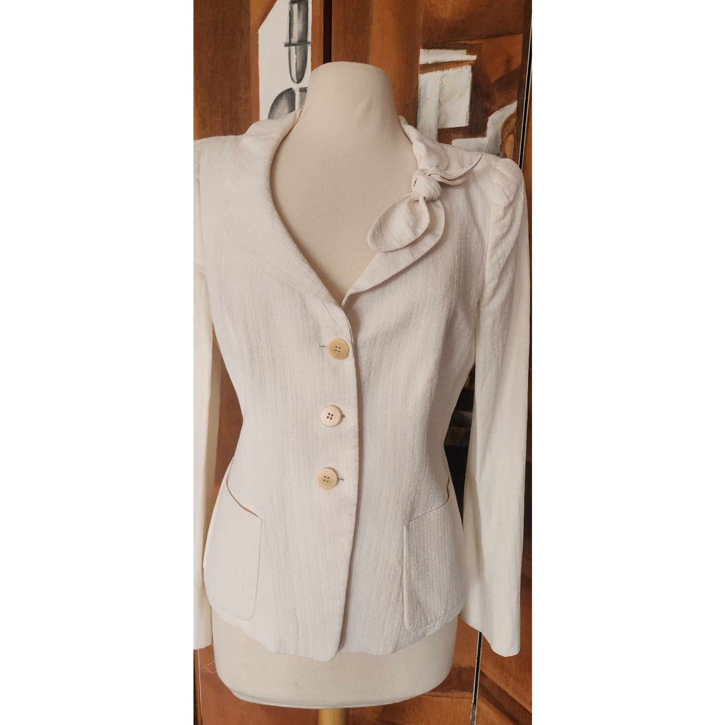 Vintage 2004 ARMANI Blazer in Cream Off White w/Bow Fitted Jacket / Large