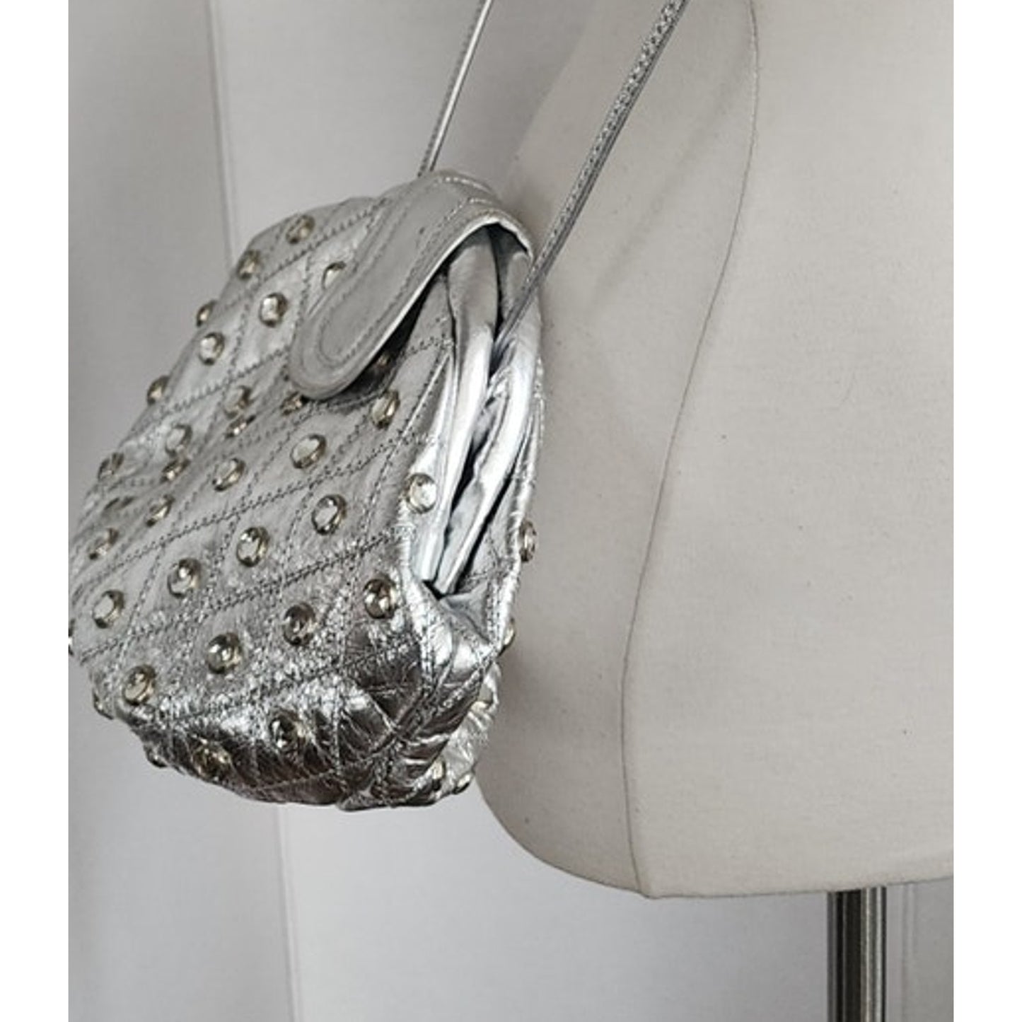 Vintage 80s Silver Bag Crossbody Shoulder Purse Rhinestone Studs