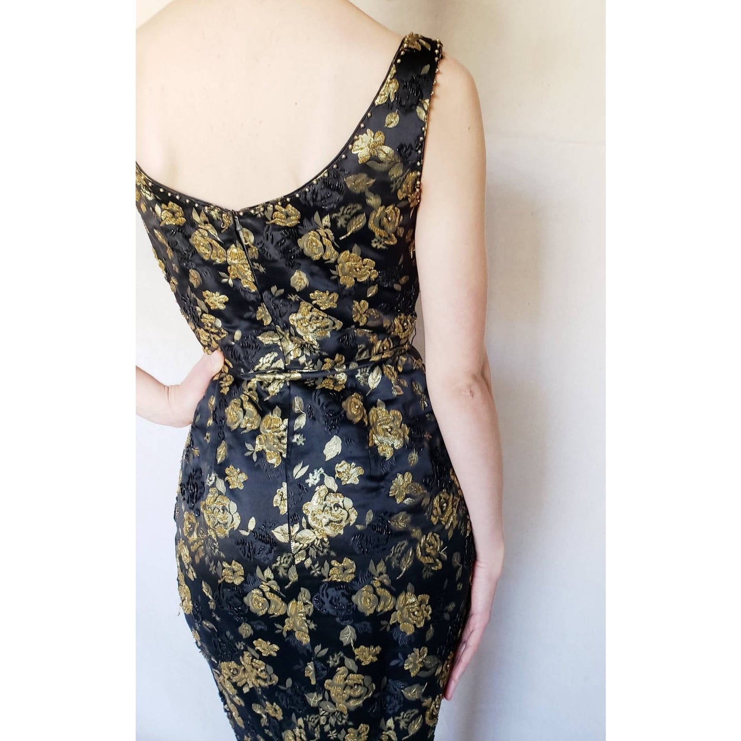 Vintage 1960s Cocktail Dress Black Gold Floral Beaded Brocade Sleeveless Wiggle Party Dress Ornate S