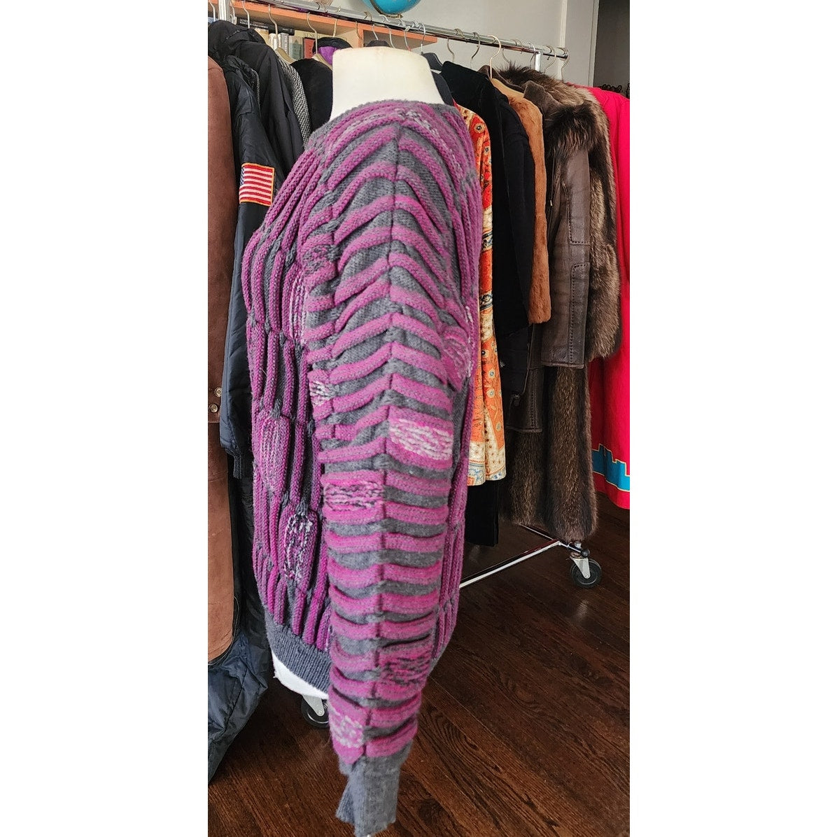 Vintage 1980s Ros Joffe Sweater Mens Purple Black Wool 3D Novelty Knit / M