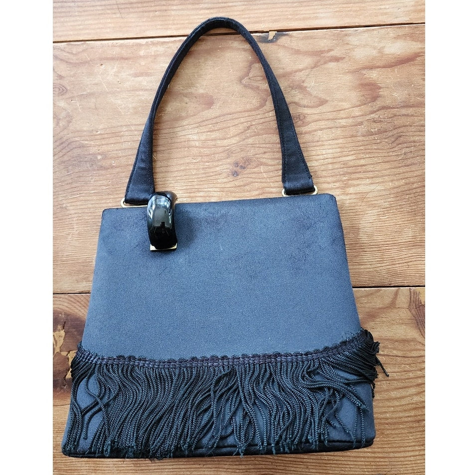 Vintage 60s Black Handbag Silk Fringe Mod