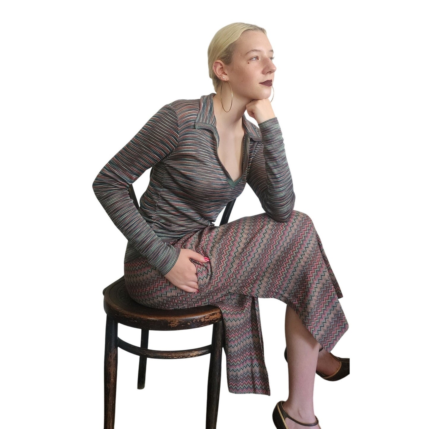 Vintage 1970s Missoni Knit 2 Piece Tunic + Skirt Set Striped Zigzag Suit I Magnin / Medium
