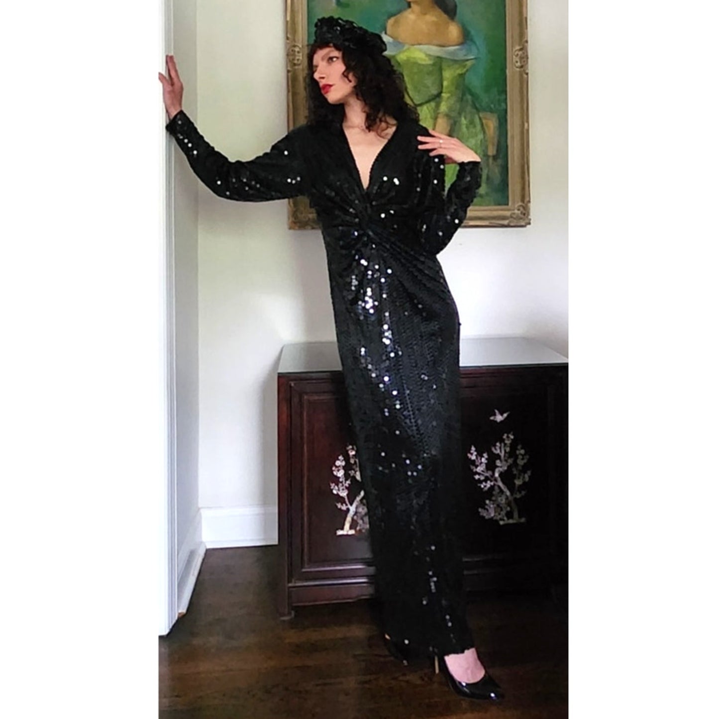 Vintage 1980s Black Sequined Evening Dress Oleg Cassini / M