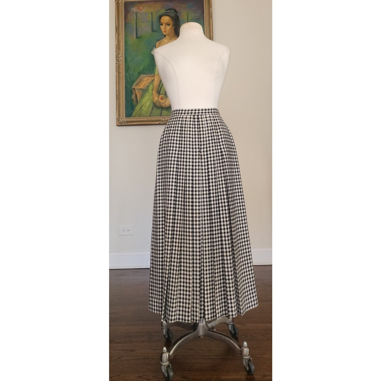 Vintage 1970s Long Skirt Houndstooth Wool High Waisted Pleated / S