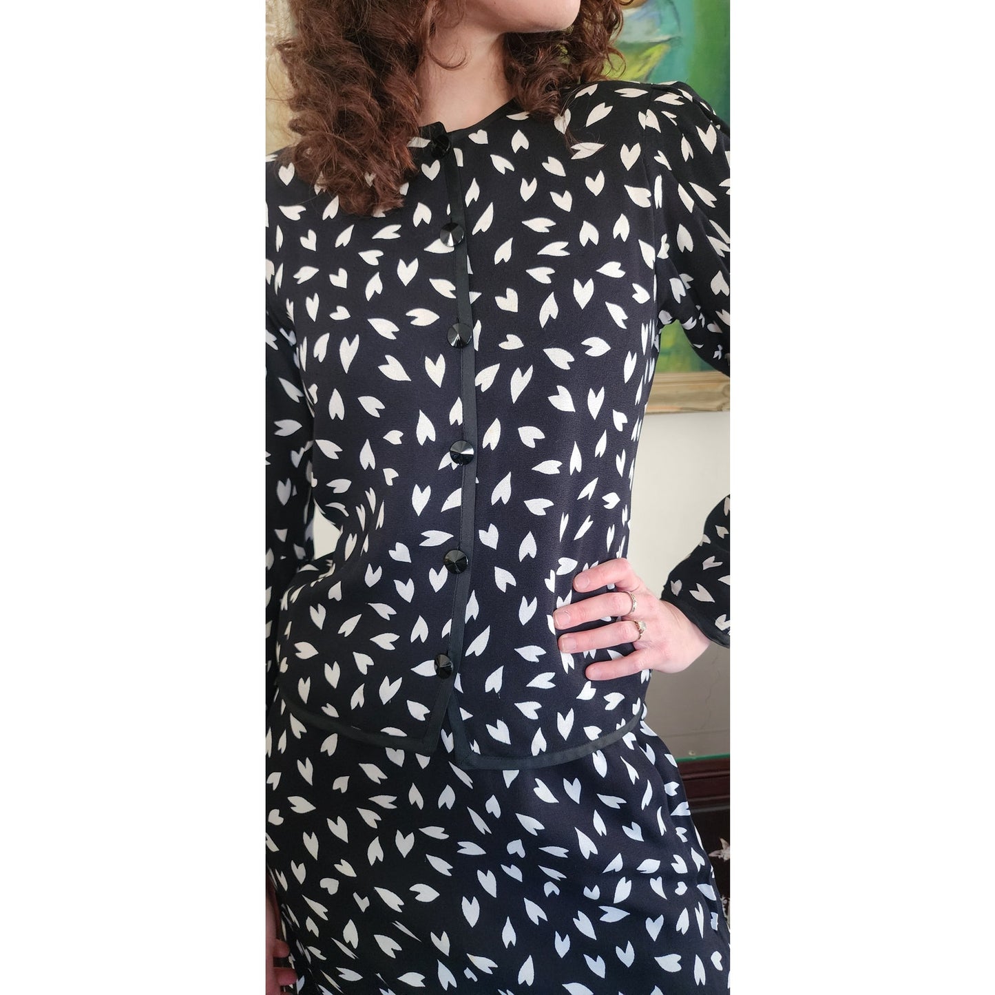 Vintage 1970s Yves Saint Laurent Skirt Suit Heart Print Silk Black White / S