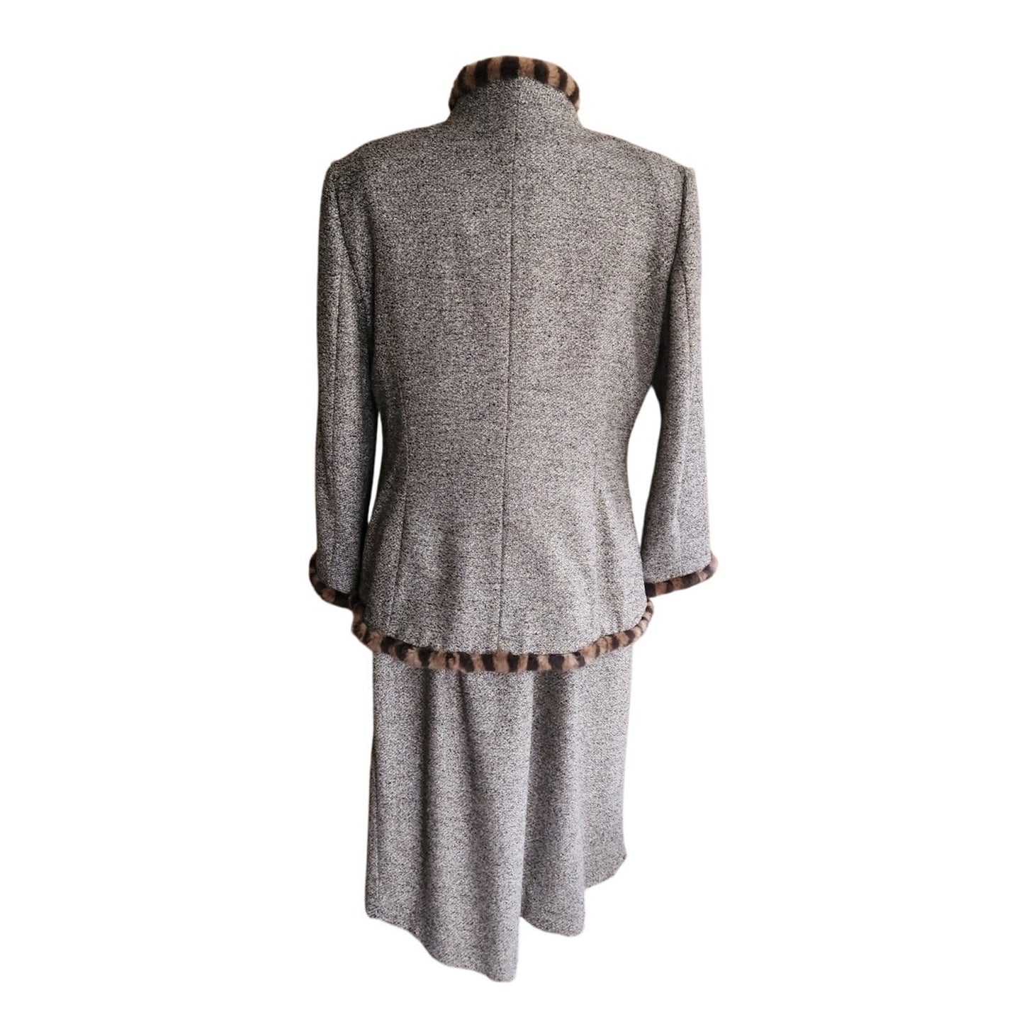 Vintage ESCADA Dress + Jacket Suit Set Alpaca Blend Wool Tweed Striped Mink Fur Trim / L