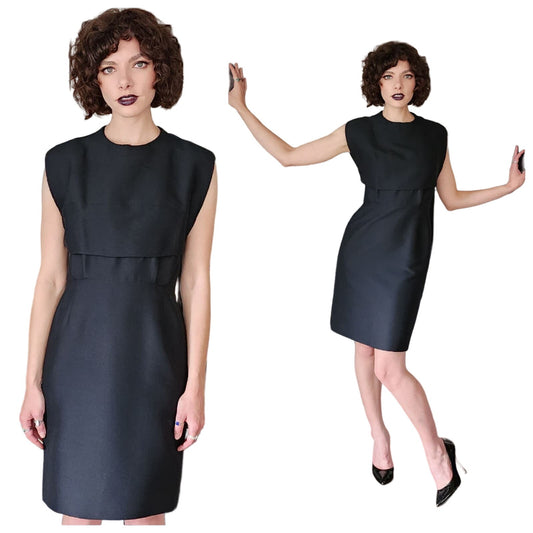 Vintage 60s Black Sleeveless Party Dress Tailored Wool Mod