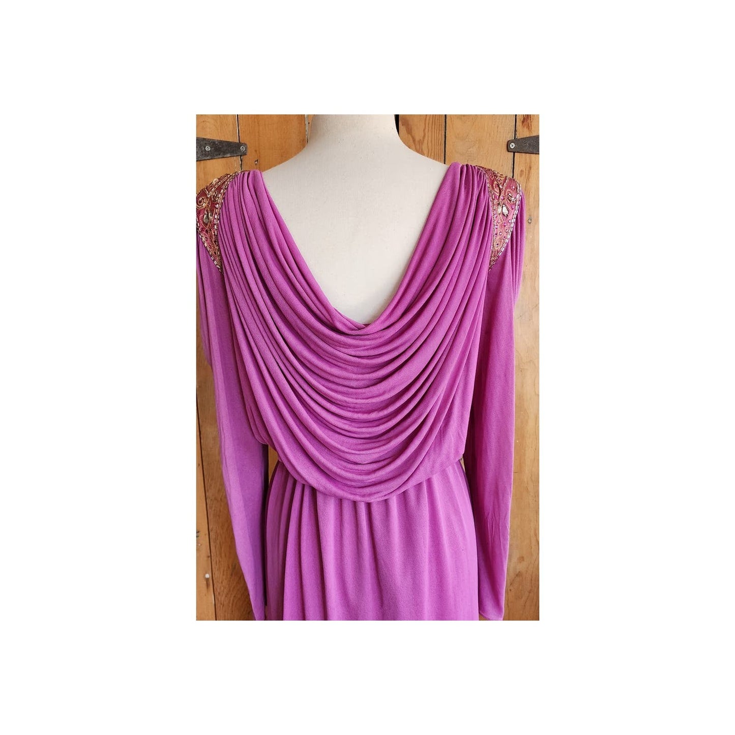 Vintage 80s Purple Evening Dress Grecian Drape Torso Beaded Shoulders Jonathan Hitchcock