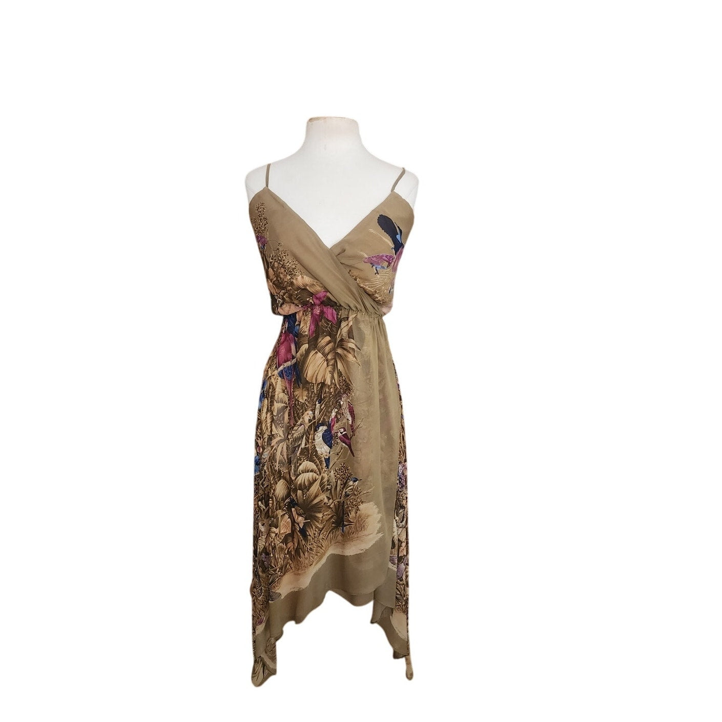 Vintage 1970s Gianni Versace RARE Dress Silk Tropical Parrot Print Spaghetti Straps