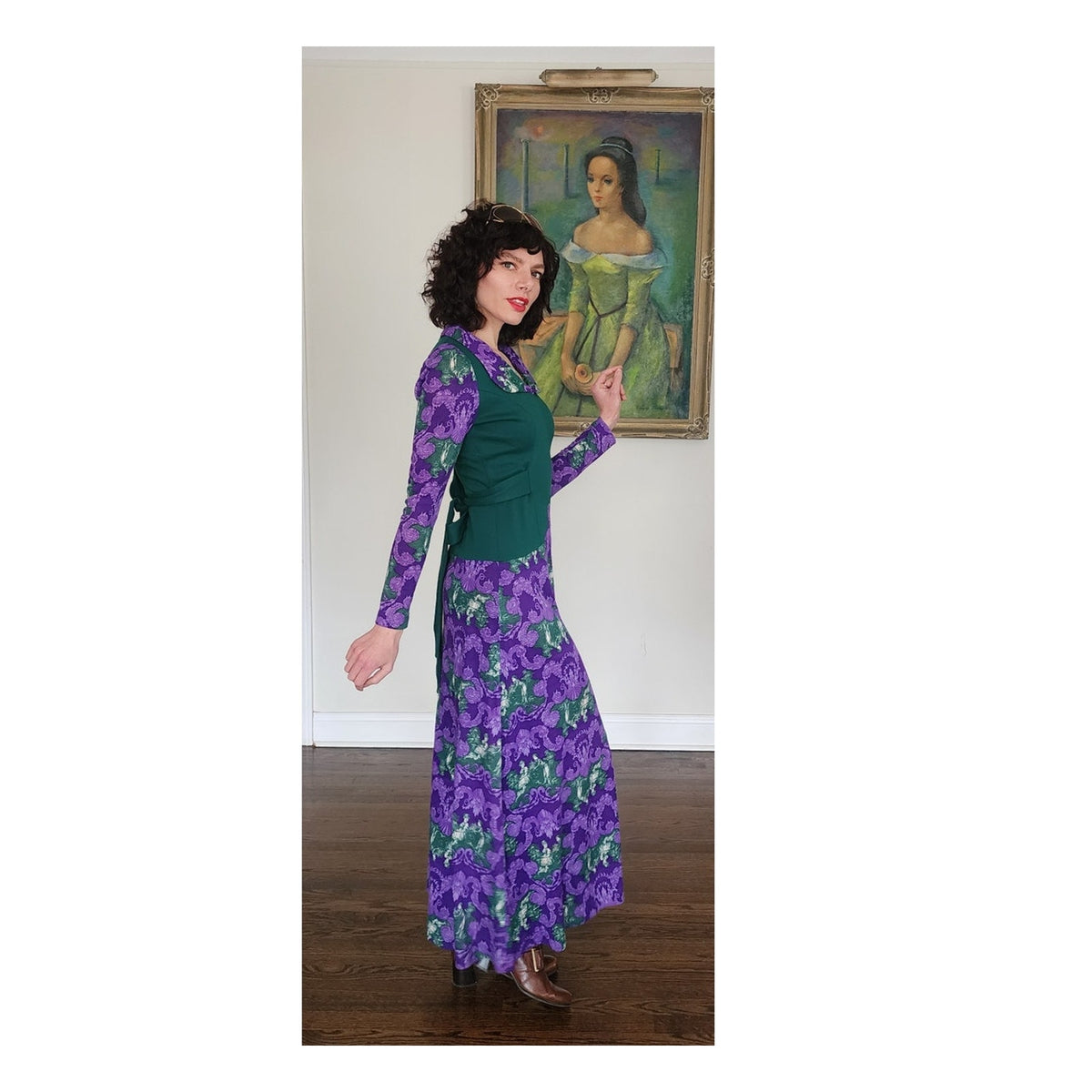 Vintage 1970s Maxi Dress Purple Green French Toile Print Renaissance Baroque Boho Witch Princess