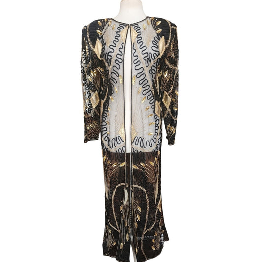 Vintage 80s Tan Chho Duster Sheer Coat Beaded Sequined Embroidered Evening Jacket Black Gold