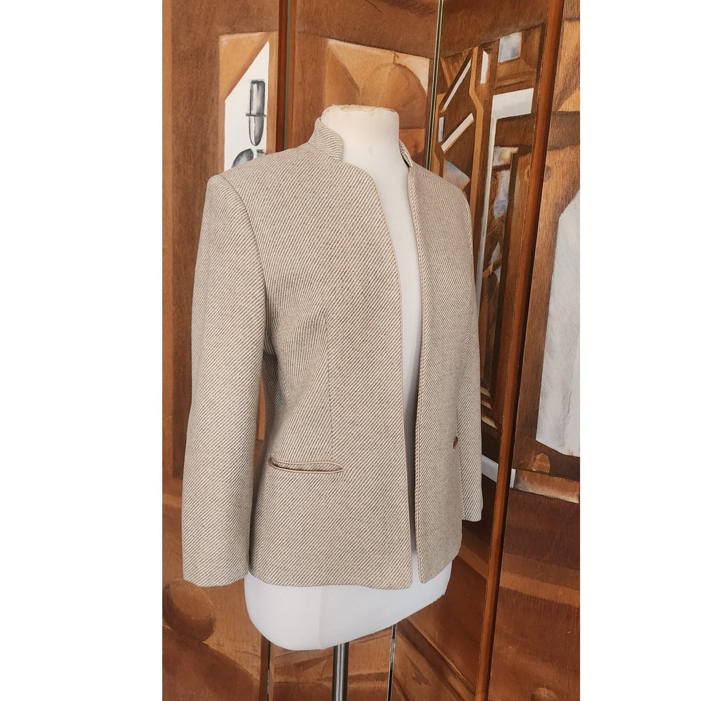 Vintage 1970s Bally Blazer Beige Wool Band Collar Jacket Medium