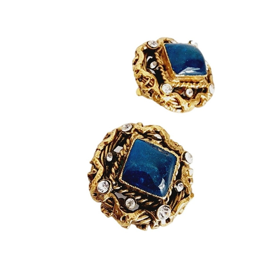 Vintage 90s Chanel Earring Clips Gripoix Blue Glass Byzantine Style A 96