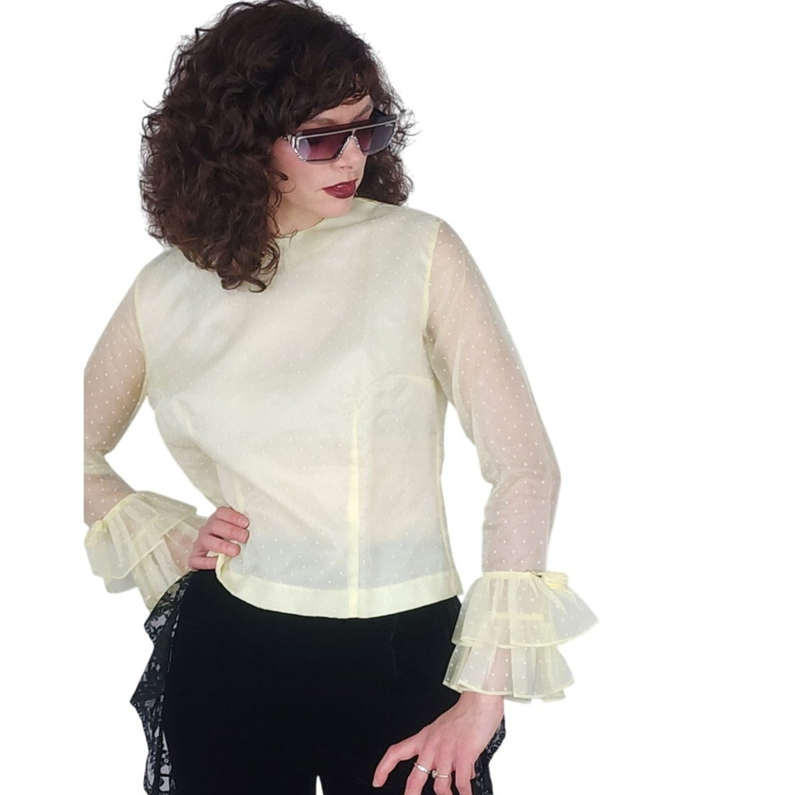 Vintage 70s Yellow Sheer Blouse Ruffled Sleeve Cuffs Dotted Swiss by Majorette