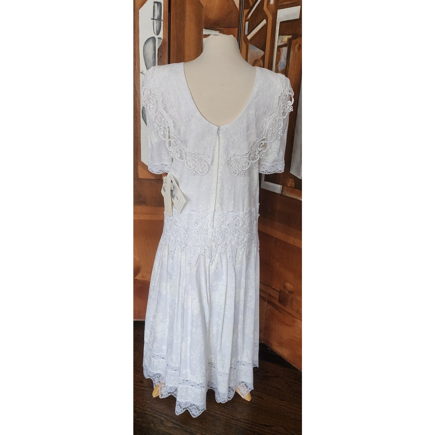 Vintage 80s Scott McClintock White Lace Dress Drop Waist Puffed Sleeves NWT