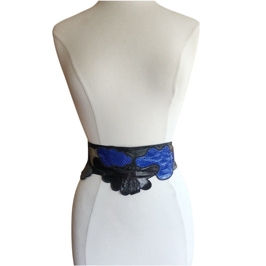 Vintage 80s Belt Snakeskin Leather Blue Beige Black Sash Tie