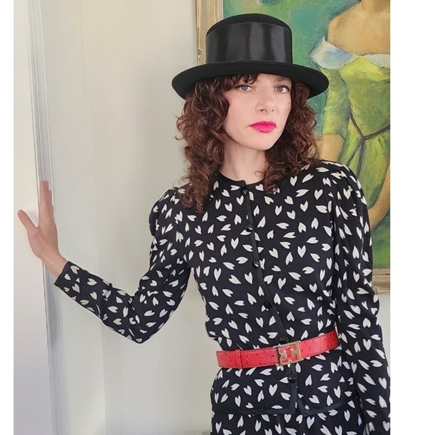 Vintage 1970s Yves Saint Laurent Skirt Suit Heart Print Silk Black White / S