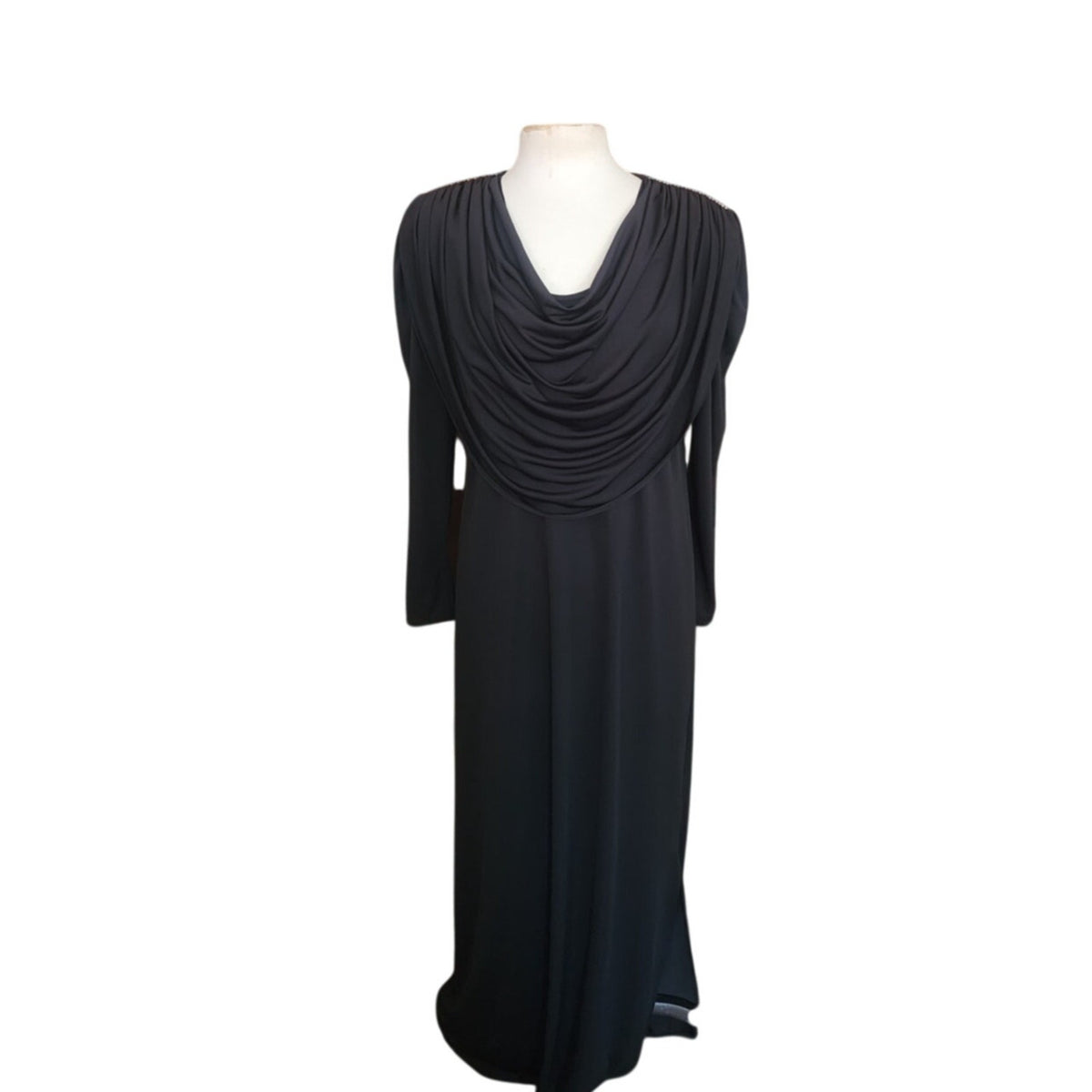 Vintage 1980s Oscar de la Renta Evening Dress Black Liquid Jersey Rhinestones Cowl Neck M