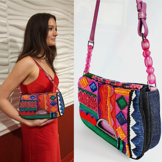 Vintage Christian Dior Malice Bag Colorful Denim Baguette Pochette