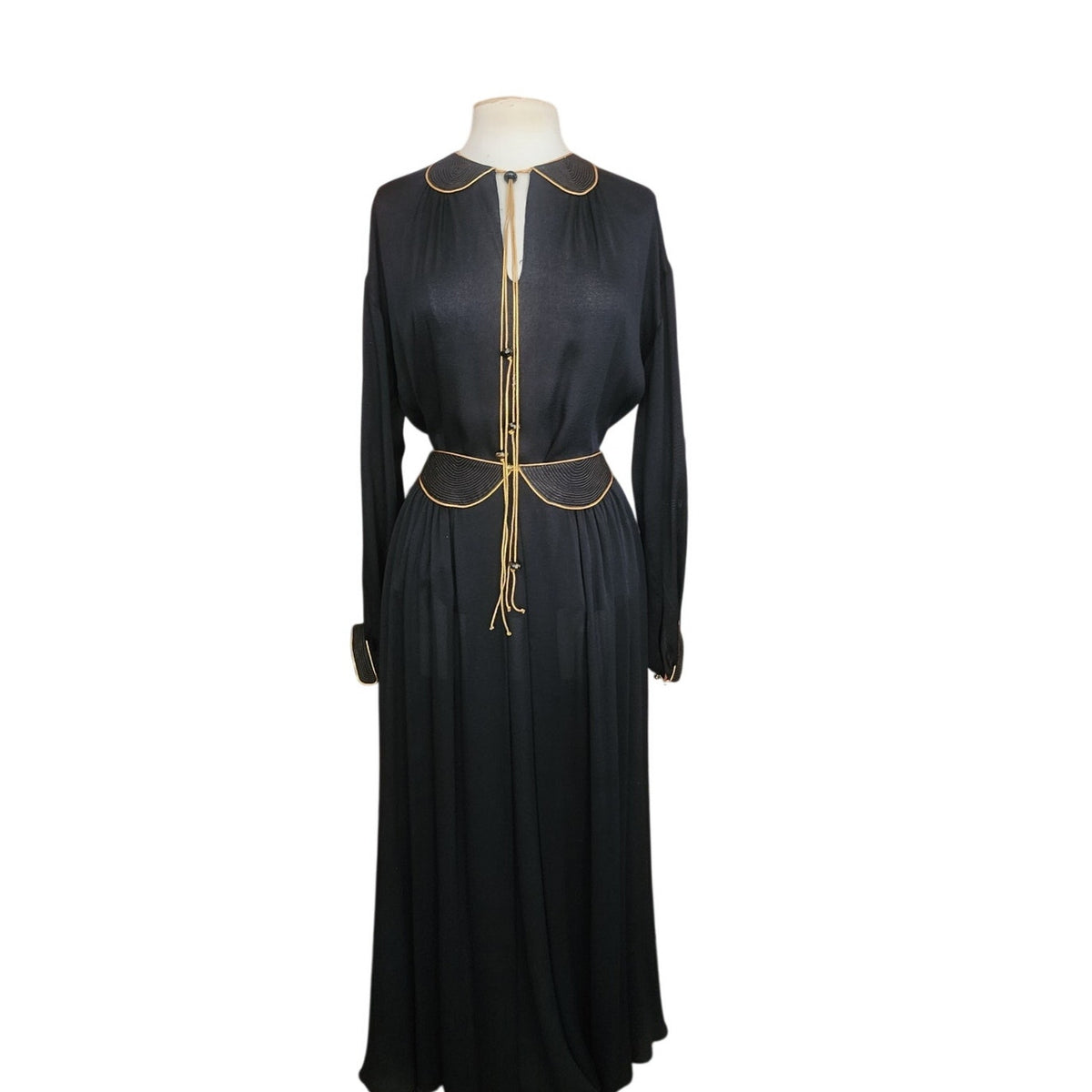 Vintage 1970s Geoffrey Beene Set Black Jersey Blouse Maxi Skirt Gold Trim Boho