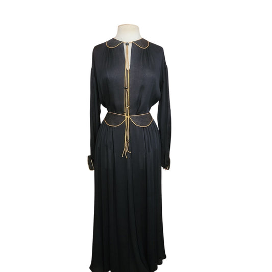 Vintage 1970s Geoffrey Beene Set Black Jersey Blouse Maxi Skirt Gold Trim Boho