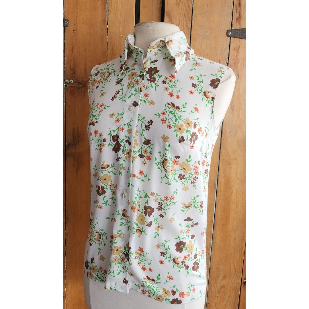 Vintage 70s White Floral & Bird Print Top Sleeveless Shirt / M