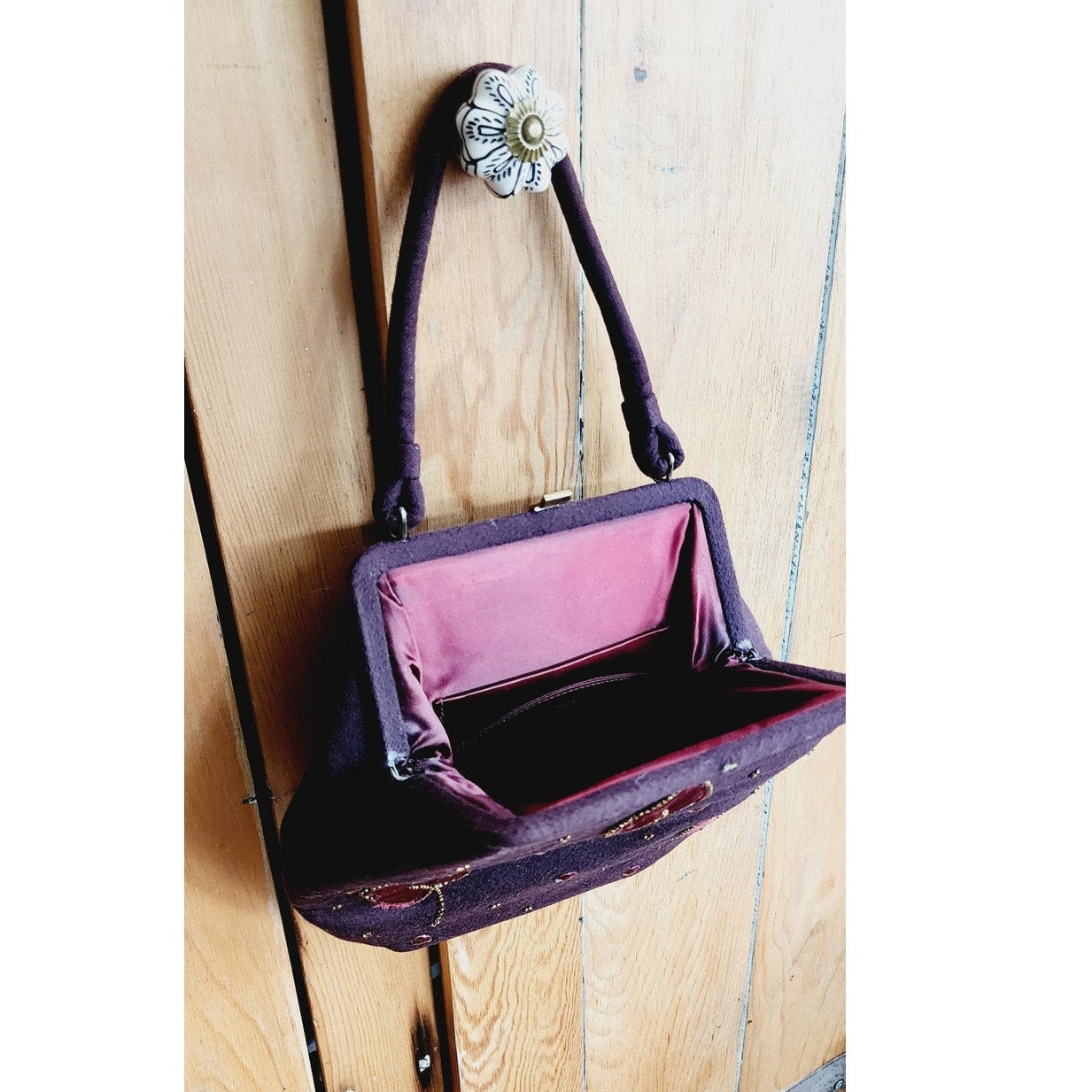 Vintage 40s Brown Bag Embroidered Copper Red Leaves Soure'