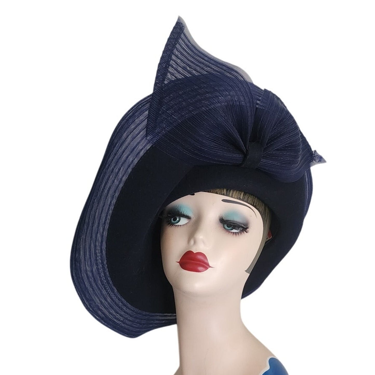 Vintage Navy Blue Hat in Wool & Mesh Oversized Asymmetrical Mr John Classic