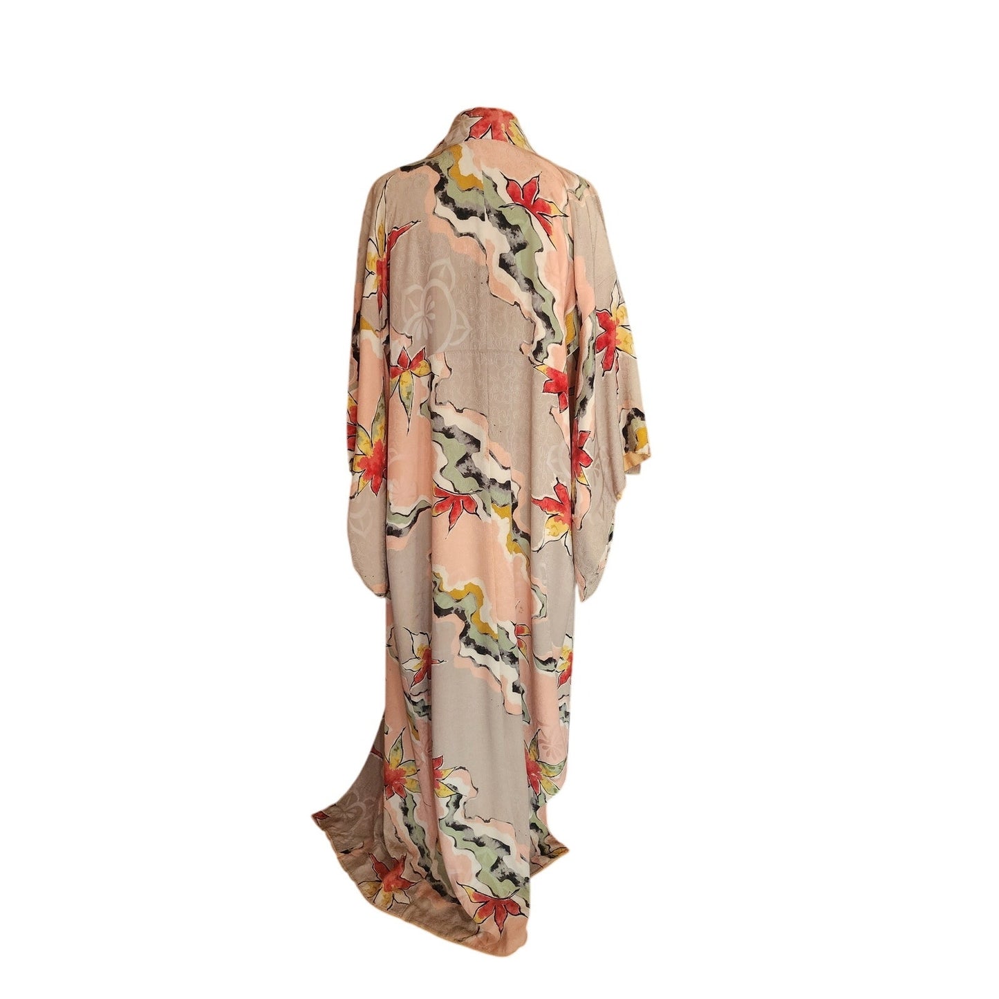 Vintage 1960s Traditional Japanese Silk Kimono Robe Floral Jacquard