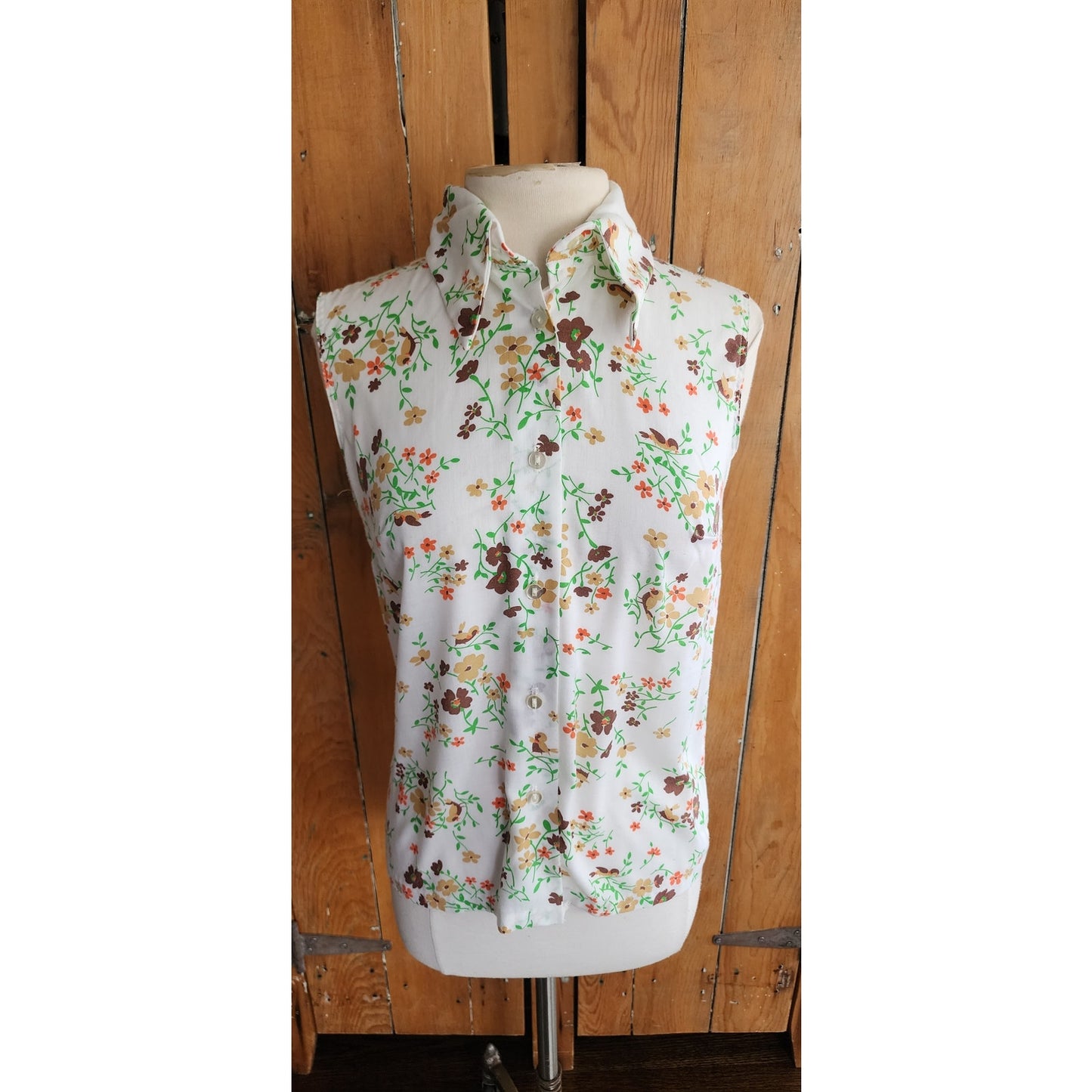 Vintage 70s White Floral & Bird Print Top Sleeveless Shirt / M