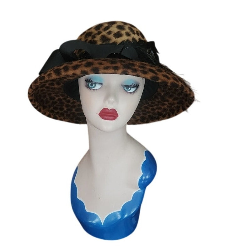 Vintage Y2K Carluci Millinery Animal Print Hat Wide Brimmed w/Bow & Feathers