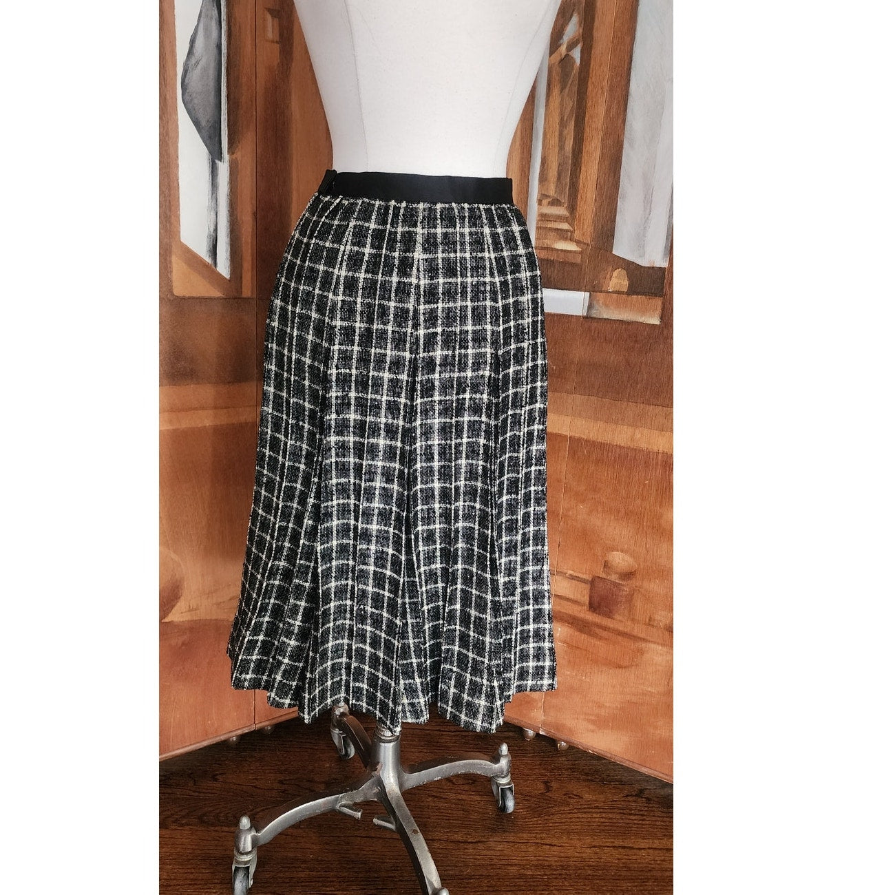 Vintage 60s Mod Suit Pleated Midi Skirt + Top Gray Black Wool Tweed