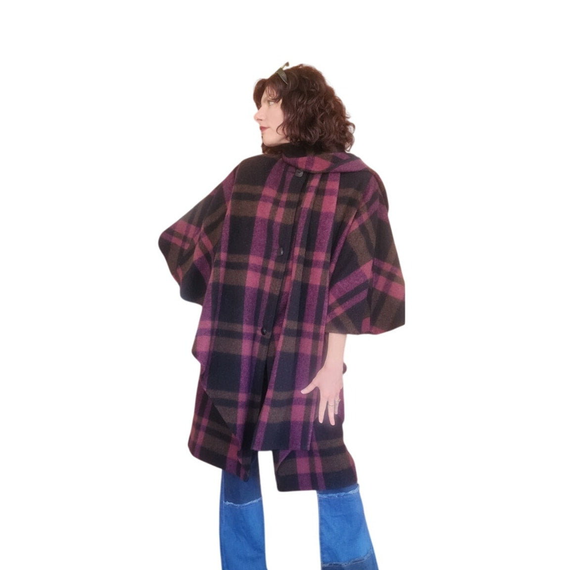 Vintage 90s Purple Wool Plaid Poncho Cloak Coat Cape w/Scarf