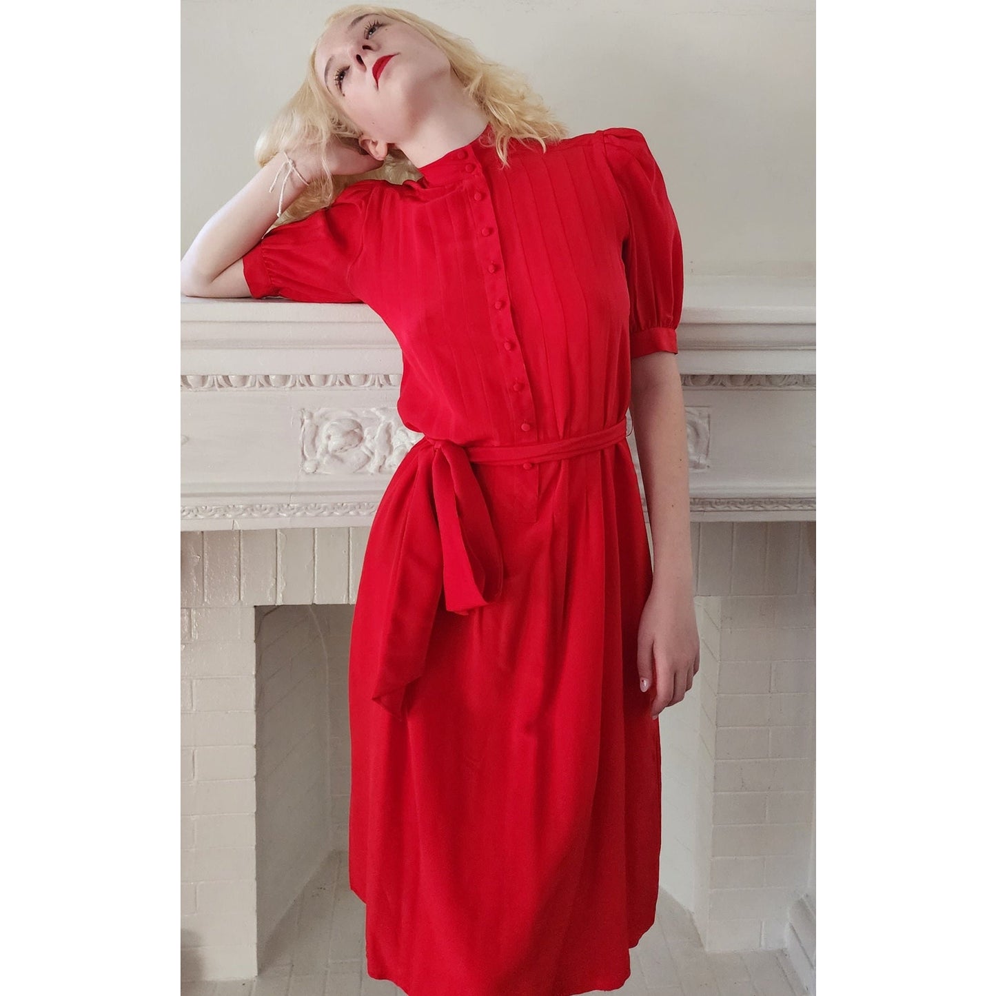 Vintage 80s Red Silk Dress Short Sleeves Belted