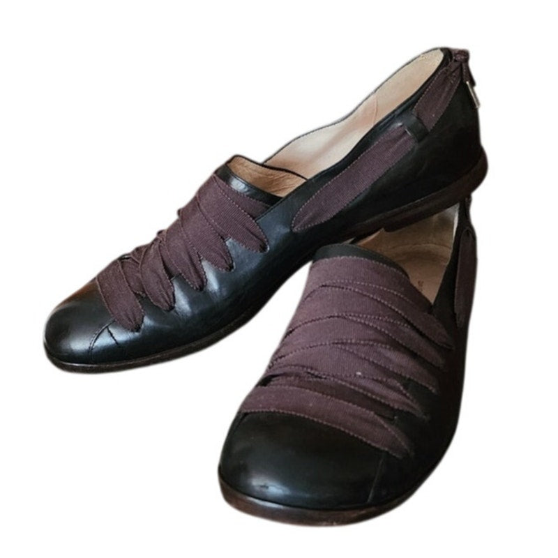 Vintage 1990s Dries Van Noten Shoes Black Leather Ballerina Flats Crisscross Ribbon Straps 39