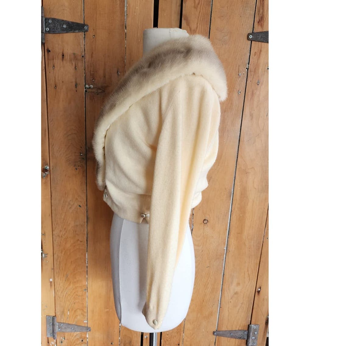 Vintage 50s Cream Cashmere Cardigan Blonde Mink Collar