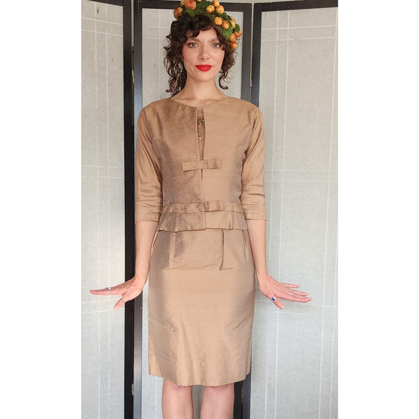 Vintage 50s Beige Silk Dress Suit w/Rhinestones