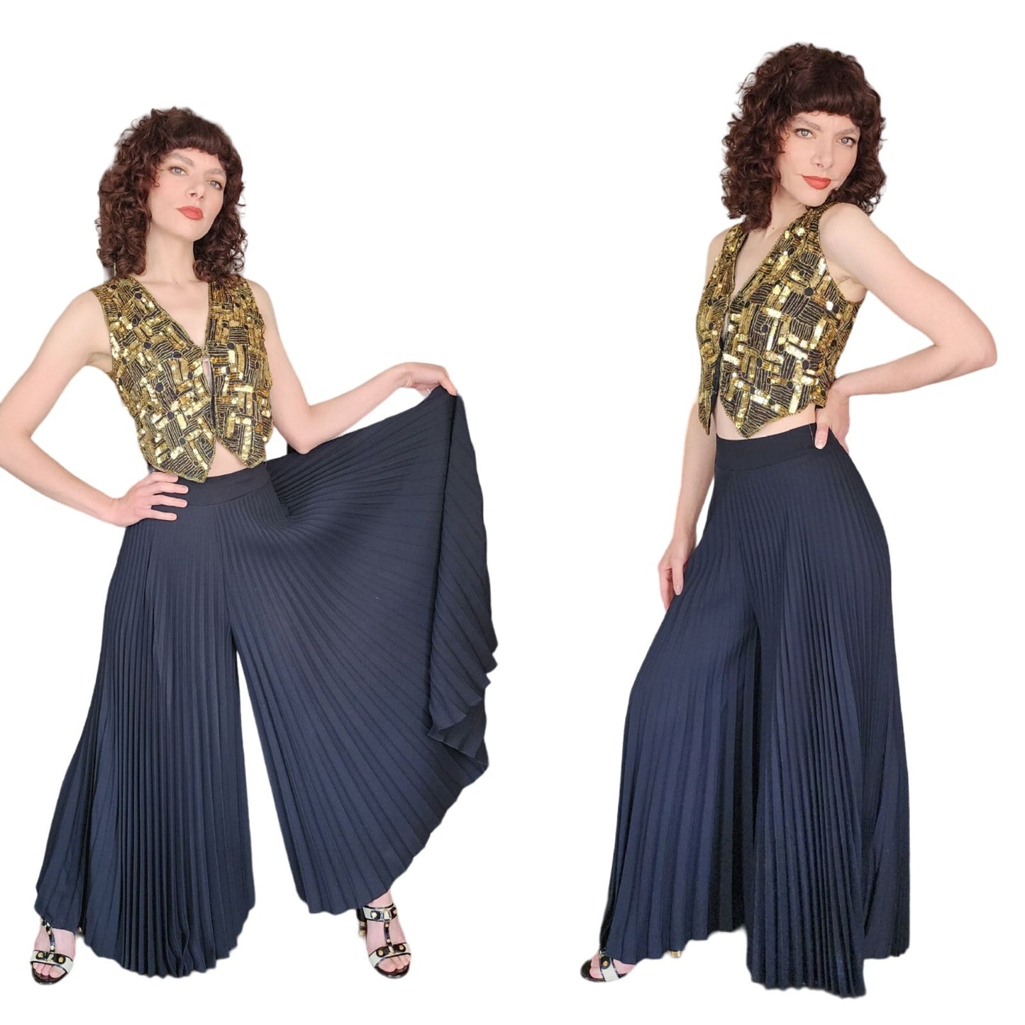 Vintage 70s Black Palazzo Pants Pleated Lynn Stuart Mister Pants