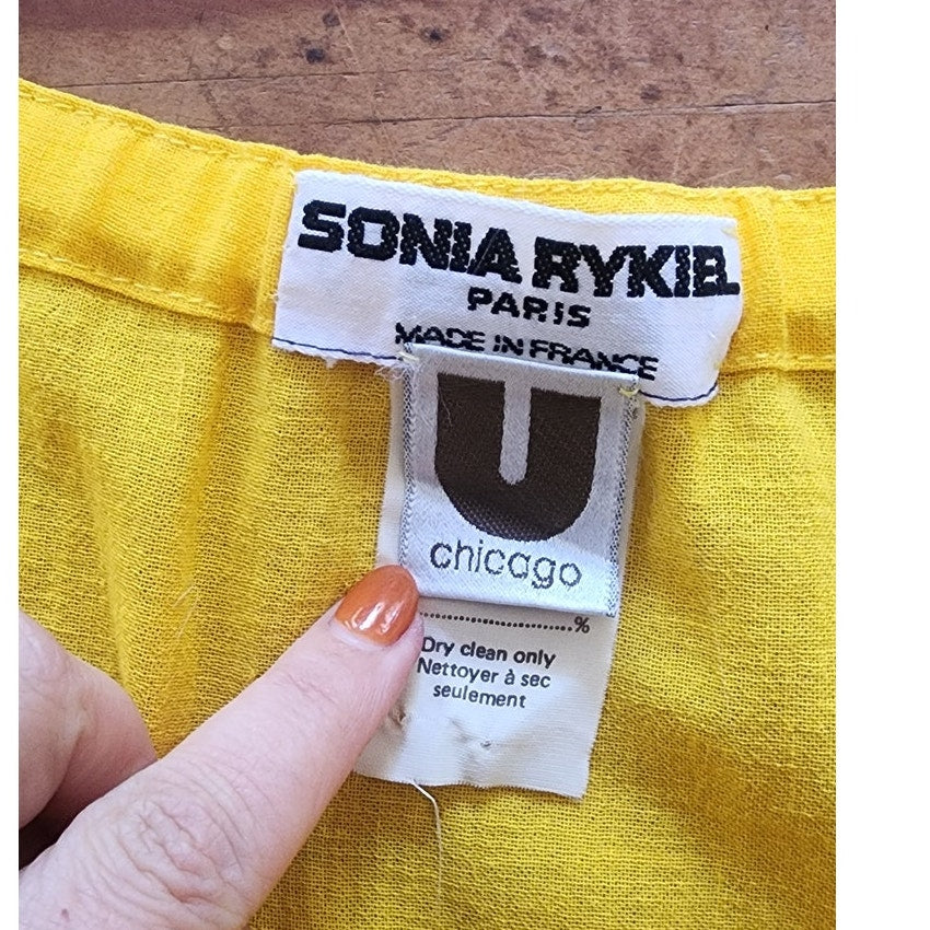Vintage 80s Sonia Rykiel Strapless Dress Yellow Cotton Button Front Sash Belt Waist