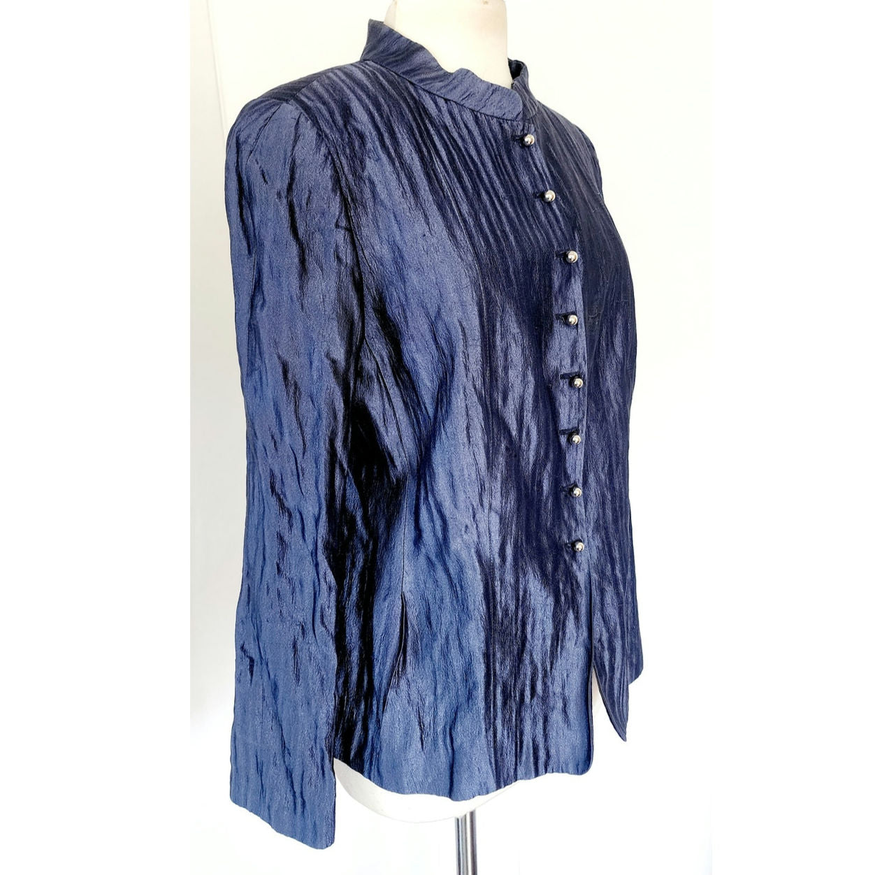 Vintage 2000s Armani Blazer Crinkled Metallic Blue Jacket Size 16